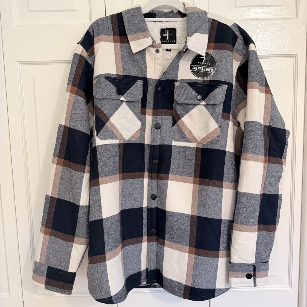 Goodfellow & Co. Men's Plaid Sherpa-Lined Shirt Jacket - Navy, Gray, Brown